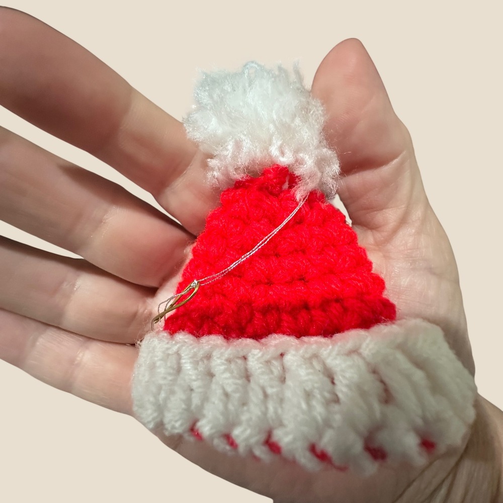 Handmade Crochet Mini Santa Hat Ornament Christmas Decor Red White Pom Beanie - Picture 2 of 7
